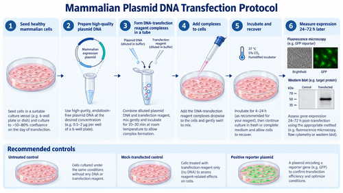 Mammalian plasmid DNA transfection protocol workflow