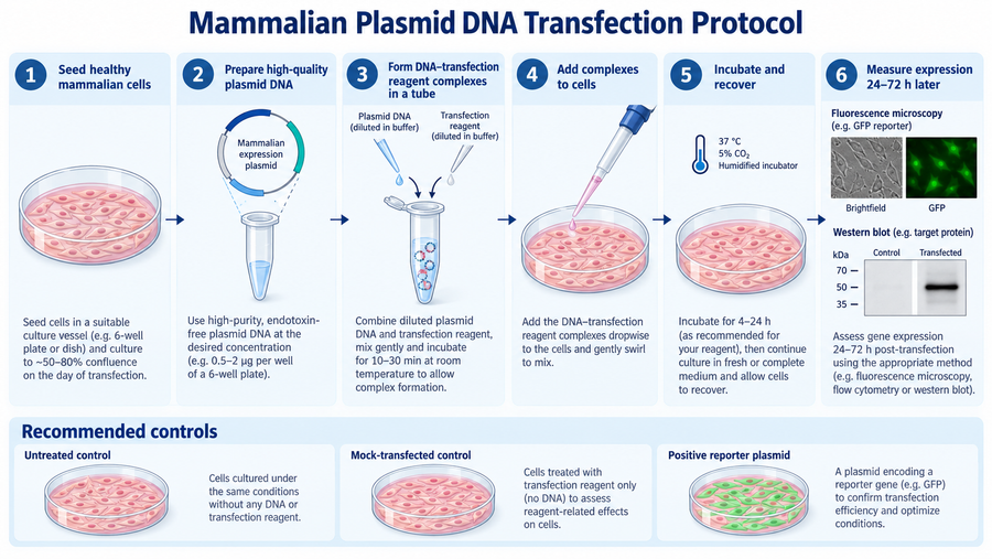 Mammalian plasmid DNA transfection protocol workflow