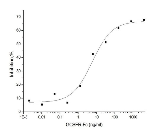 Measured by its ability to inhibit GCSF-induced proliferation of NFS60 mouse myeloid cells.The ED<sub>50</sub> for this ettect is typically 2-20 ng/ml in the presence of 0.125ng/ml of recombinant human GCSF.
