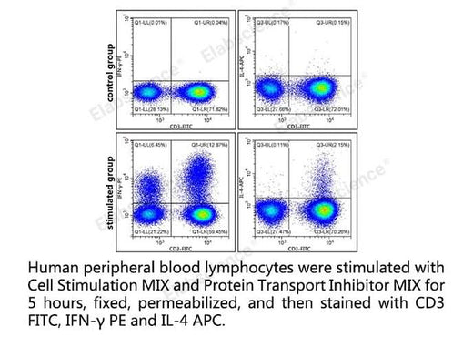 Human peripheral blood lymphocytes were stimulated with Cell Stimulation MIX and Protein Transport Inhibitor MIX for 5 hours, fixed, permeabilized, and then stained with CD3 FITC, IFN-γ PE and IL-4 APC.