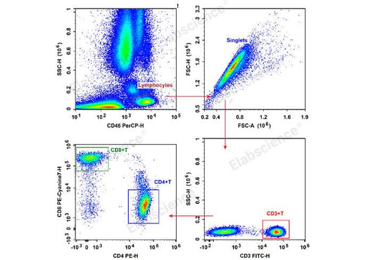 Human peripheral blood lymphocytes are stained with Anti-Human CD3-FITC/CD4-PE/CD8a-PE-Cyanine7/CD45-PerCP.