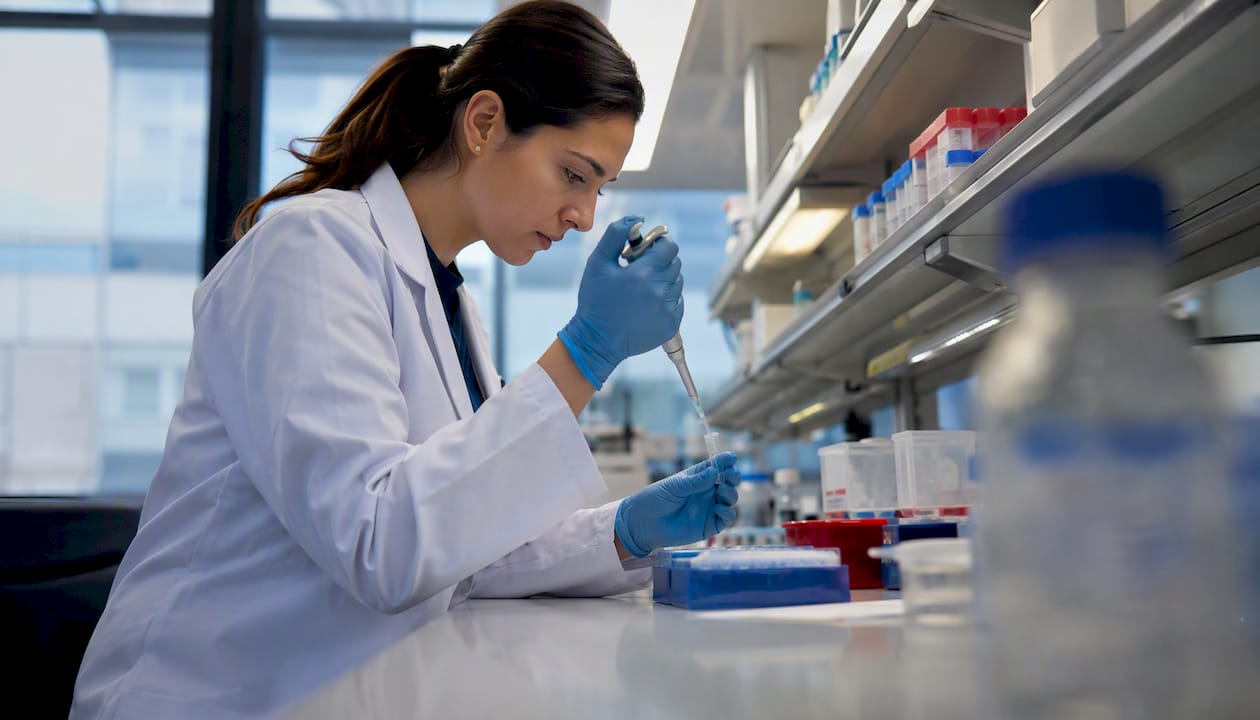 Researcher pipetting antibody solution