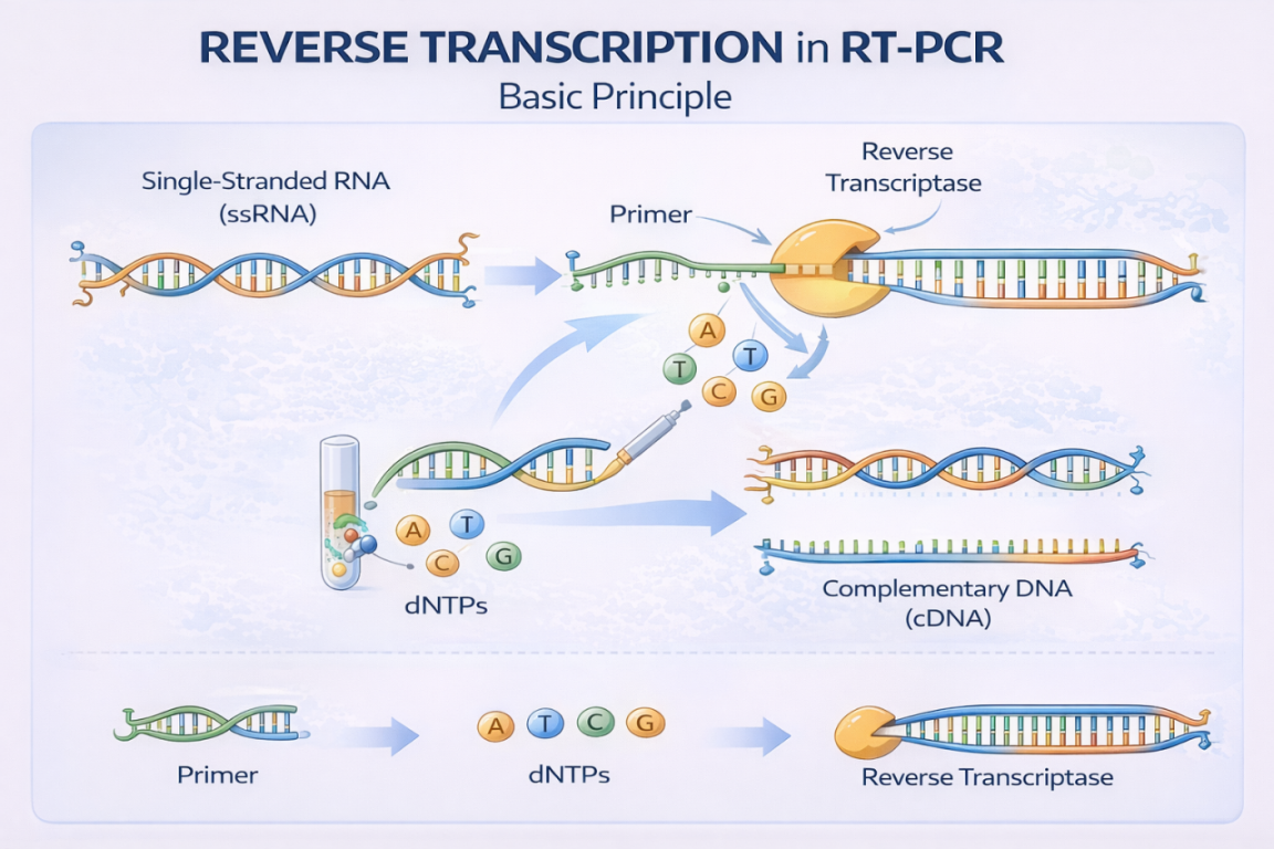 Illustration of reverse transcription from sample RNA to cDNA