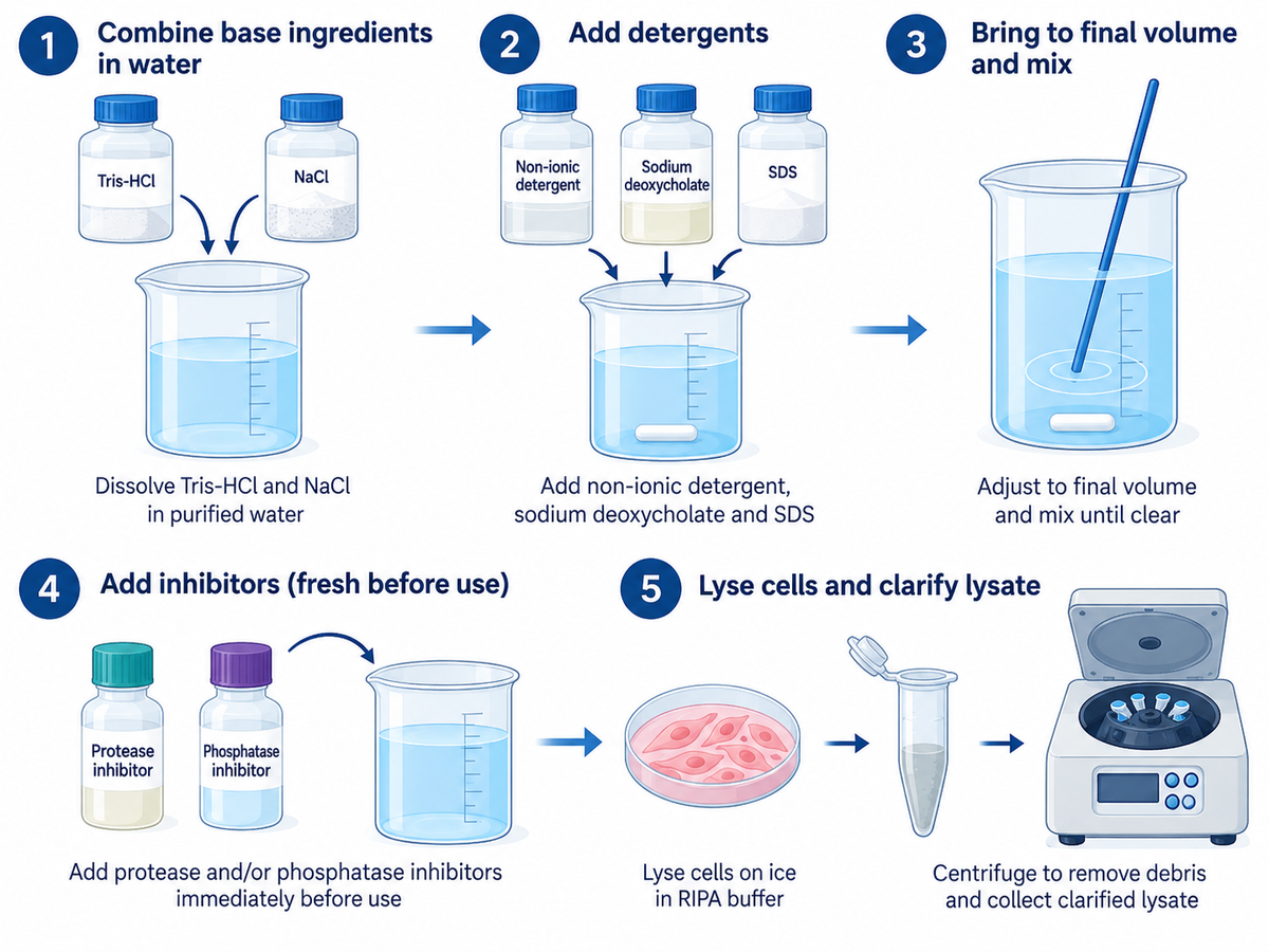 RIPA lysis buffer preparation and protein extraction workflow