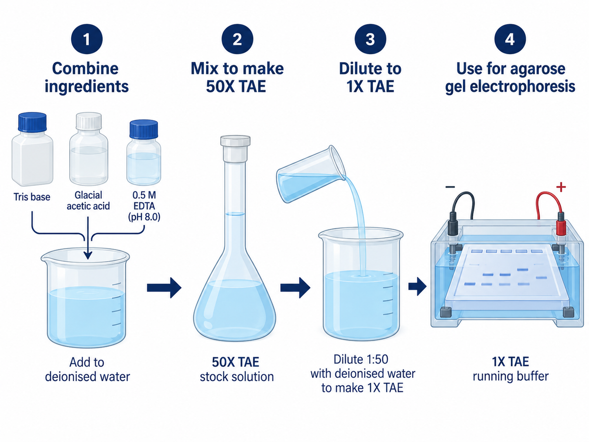 50X TAE buffer preparation and DNA electrophoresis workflow