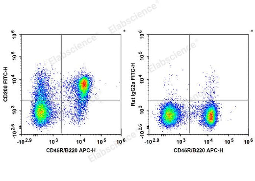 C57BL/6 murine splenocytes are stained with APC Anti-Mouse CD45R/B220 Antibody and FITC Anti-Mouse CD200 Antibody (Left). Splenocytes are stained with APC Anti-Mouse CD45R/B220 Antibody and FITC Rat IgG2a, κ Isotype Control (Right). 