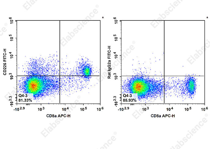 Staining of C57BL/6 murine splenocytes cells with APC Anti-Mouse CD8a Antibody and FITC Anti-Mouse CD226 Antibody[480.1] (left) or FITC Rat IgG2a, κ Isotype Control (right). Total viable cells were used for analysis.