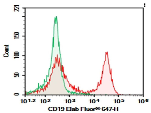 C57/BL6 Mouse splenocytes were stained with 0.2 μg AF/LE Purified Anti-Mouse CD19 Antibody[1D3] (Right) and 0.2 μg Rat IgG2a, κ Isotype Control (Left), followed by PE-conjugated Goat Anti-Rat IgG Secondary Antibody.