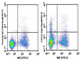 C57/BL6 Mouse splenocytes were stained with 0.2 μg AF/LE Purified Anti-Mouse CD11c Antibody[N418] (Right) and 0.2 μg Armenian Hamster IgG, κ Isotype Control (Left), followed by Elab Fluor<sup>®</sup> 647-conjugated Goat Anti- Armenian Hamster IgG Secondary Antibody, then anti-Mouse MHC II FITC-conjugated Monoclonal Antibody.