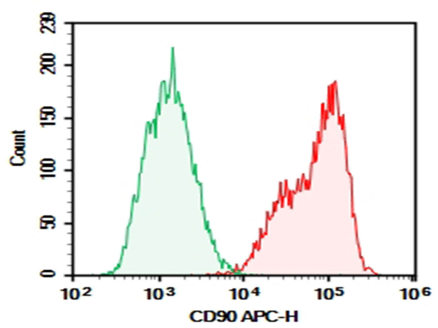 HEL were stained with 0.2 μg Purified Anti-Human CD90 Antibody[5E10] (Right) and 0.2 μg Mouse IgG1, κ Isotype Control (Left), followed by APC-conjugated Goat Anti-Mouse IgG Secondary Antibody.