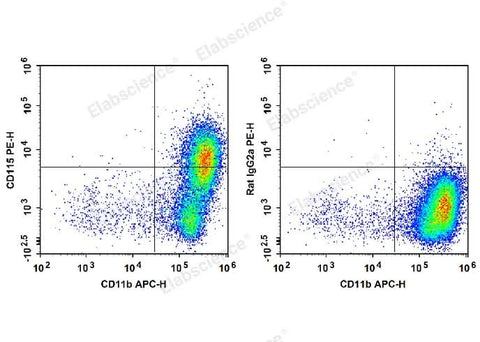 C57BL/6 murine abdominal macrophages are stained with APC Anti-Mouse CD11b Antibody and PE Anti-Mouse CD115 Antibody (Left). Abdominal macrophages are stained with APC Anti-Mouse CD11b Antibody and PE Rat IgG2a, κ Isotype Control (Right).
