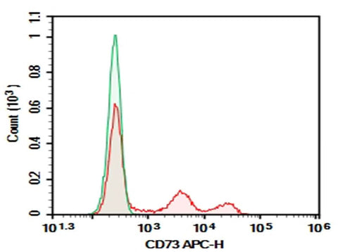 Human peripheral blood lymphocytes were stained with 0.2 μg Purified Anti-Human CD73 Antibody[AD2] (Right) and 0.2 μg Mouse IgG1, κ Isotype Control (Left), followed by APC-conjugated Goat Anti-Mouse IgG Secondary Antibody.