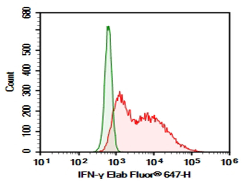 HEK293T cells transfected with pcDNA3.1 plasmid encoding Human IFN-γ gene were stained with 0.2 μg AF/LE Purified Anti-Human IFN-γ Antibody[B27] (Right) and 0.2 μg Mouse IgG1, κ Isotype Control (Left), followed by Elab Fluor<sup>®</sup>647-conjugated Goat Anti-Mouse IgG Secondary Antibody.