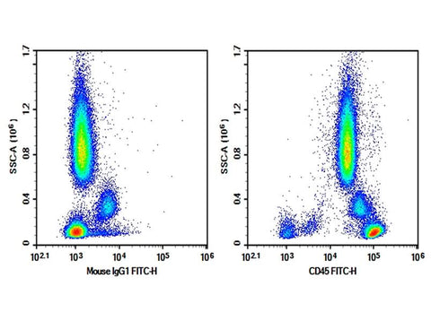 Human peripheral blood were stained with 0.2 μg Purified Anti-Human CD45 Antibody[HI30] (Right) and 0.2 μg Mouse IgG1, κ Isotype Control (Left), followed by FITC-conjugated Goat Anti-Mouse IgG Secondary Antibody.