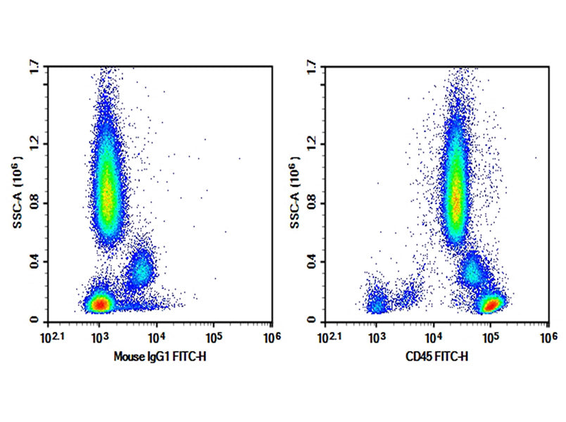 Human peripheral blood were stained with 0.2 μg Purified Anti-Human CD45 Antibody[HI30] (Right) and 0.2 μg Mouse IgG1, κ Isotype Control (Left), followed by FITC-conjugated Goat Anti-Mouse IgG Secondary Antibody.
