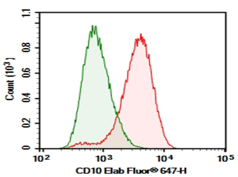 Human peripheral blood Granulocytes were stained with 0.2 μg Purified Anti-Human CD10 Antibody[HI10a] (Right) and 0.2 μg Mouse IgG1, κ Isotype Control (Left), followed by Elab Fluor<sup>®</sup> 647-conjugated Goat Anti-Mouse IgG Secondary Antibody.