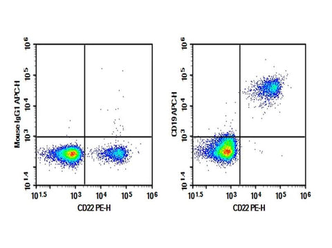 Human peripheral blood lymphocytes were stained with 0.2 μg AF/LE Purified Anti-Human CD19 Antibody[4G7] (Right) and 0.2 μg Mouse IgG1, κ Isotype Control (Left), followed by APC-conjugated Goat Anti-Mouse IgG Secondary Antibody, then anti-Human CD22 PE-conjugated Monoclonal Antibody.