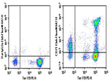 C57/BL6 Mouse bone marrow cells were stained with 0.2 μg AF/LE Purified Anti-Mouse CD71 Antibody[R17 217.1.3/TIB-219] (Right) and 0.2 μg Rat IgG2a, κ Isotype Control (Left), followed by Elab Fluor<sup>®</sup> 647-conjugated Goat Anti-Rat IgG Secondary Antibody, then anti-Mouse Ter-119 PE-conjugated Monoclonal Antibody.