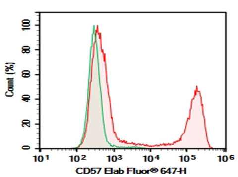 Human peripheral blood lymphocytes were stained with 0.2 μg Purified Anti-Human CD57 Antibody[HNK-1] (Right) and 0.2 μg Mouse IgM, κ Isotype Control (Left), followed by FITC-conjugated Goat Anti-Mouse IgM Secondary Antibody.
