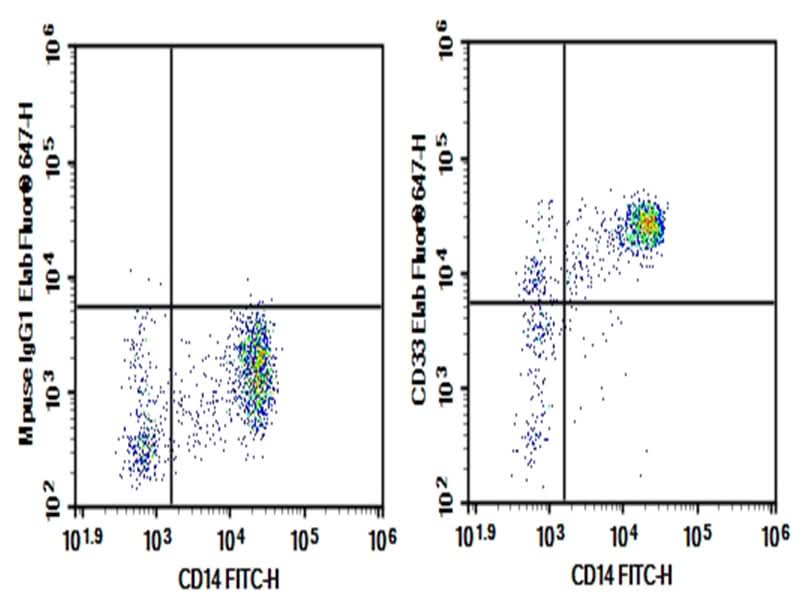Human peripheral blood monocytes were stained with 0.2μg Purified Anti-Human CD33 Antibody[6C5] (Right) and 0.2μg mouse IgG1,κ lsotype Control (Left), followed by Elab Fluor<sup>®</sup> 647-conjugated goat Anti-mouse IgG Secondary Antibody, then anti-human CD14 FITC-conjugated Monoclonal Antibody.