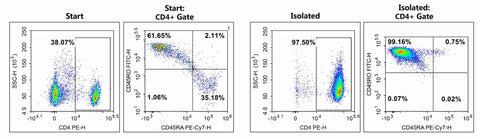 As shown in the figure above, the purity of Memory CD4 T cells before and after sorting was analyzed by flow cytometry, and the proportions of Memory CD4 T cells before and after sorting were 23.05% and 96.54%, respectively.