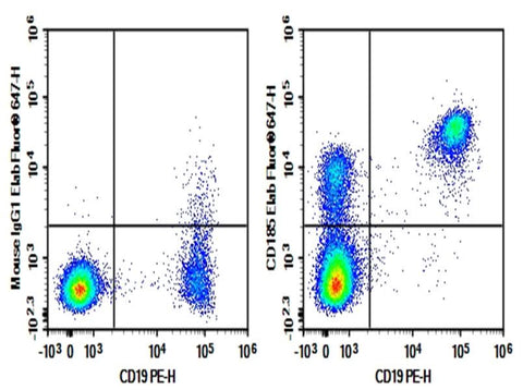 Human peripheral blood lymphocytes were stained with 0.2 μg Purified Anti-Human CD185 Antibody[J252D4] (Right) and 0.2 μg Mouse IgG1, κ Isotype Control (Left), followed by Elab Fluor<sup>®</sup> 647-conjugated Goat Anti-Mouse IgG Secondary Antibody, then anti-Human CD3 FITC-conjugated Monoclonal Antibody.