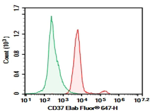 Human peripheral blood lymphocytes cell were stained with 0.2 μg Purified Anti-Human CD37 Antibody[IPO-24] (Right) and 0.2 μg Mouse IgG2b, κ Isotype Control (Left), followed by Elab Fluor<sup>®</sup> 647-conjugated Goat Anti-Mouse IgG Secondary Antibody.