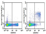 Human peripheral blood lymphocytes cell were stained with 0.2 μg Purified Anti-Human CD56 Antibody[B-A19] (Right) and 0.2 μg Mouse IgG1,  κ Isotype Control (Left),  followed by Elab Fluor<sup>®</sup> 647-conjugated Goat Anti-Mouse IgG Secondary Antibody,  then anti-Human CD16 PE-conjugated Monoclonal Antibody.