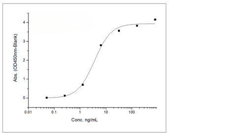 Immobilized Anti-B7-H3 Antibody, IgG1 Kappa at 2 μg/mL (100 μL/well) can bind Recombinant Rat B7-H3 / CD276 Protein (His Tag) (Cat: PKSR030192), the EC<sub>50</sub> is 1.8-6 ng/mL.