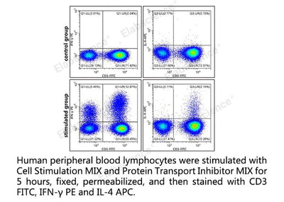 Human peripheral blood lymphocytes were stimulated with Cell Stimulation MIX and Protein Transport Inhibitor MIX for 5 hours, fixed, permeabilized, and then stained with CD3 FITC, IFN-γ PE and IL-4 APC.