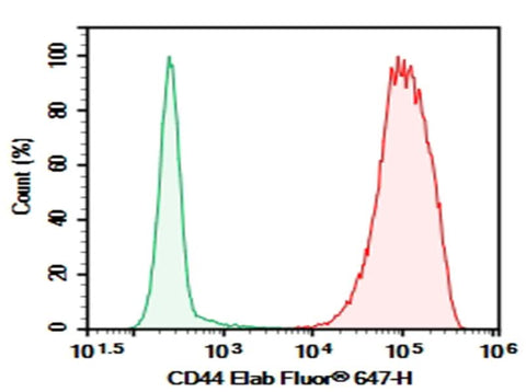 Human peripheral blood lymphocytes were stained with 0.2 μg AF/LE Purified Anti-Human CD44 Antibody[Hermes-1] (Right) and 0.2 μg Rat IgG2a, κ Isotype Control (Left), followed by PE-conjugated Goat Anti-Rat IgG Secondary Antibody.