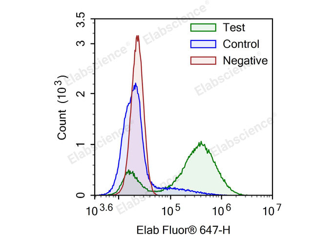 Camptothecin-induced apoptosis in HL-60 cells. Test: HL-60 cells were treated with 2.5 μM Camptothecin for 4h. Control: Normal HL-60 cells were not treated with drugs. Negative: HL-60 cells were treated with 2.5 μM camptothecin for 4h without TdT enzyme.