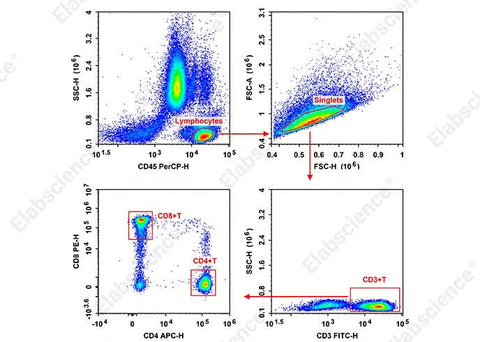 Human peripheral blood lymphocytes are stained with Anti-Human CD3-FITC/CD8a-PE/CD45-PerCP/CD4-APC Cocktail.