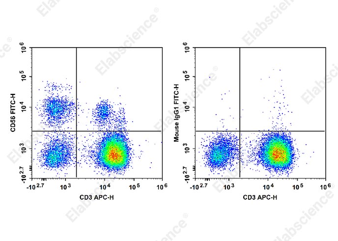 Human peripheral blood lymphocytes are stained with APC Anti-Human CD3 Antibody and FITC Anti-Human CD56 Antibody[5.1H11] (Left). Lymphocytes are stained with APC Anti-Human CD3 Antibody and FITC Mouse IgG1, κ Isotype Control (Right). 