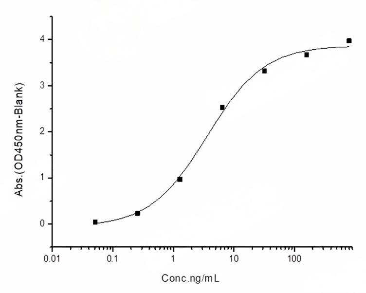 Measured by its binding ability in a functional ELISA. Immobilized human ACE2 protein (His tag) at 2μg/mL (100μL/well) can bind 2019-nCoV Spike Protein (RBD, rabbitFc Tag) (PKSR030522), the EC<sub>50</sub> of 2019-nCoV Spike Protein (RBD, rabbitFc Tag) is 2.0-6.0 ng/mL.