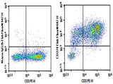 Human peripheral blood lymphocytes were activated for 3 days with PHA, then stained with 0.2 μg AF/LE Purified Anti-Human CD274/PD-L1 Antibody[29E.2A3] (Right) and 0.2 μg Mouse IgG2b, κ Isotype Control (Left), followed by Elab Fluor<sup>®</sup> 647-conjugated Goat Anti-Mouse IgG Secondary Antibody, then anti-Human CD3 PE-conjugated Monoclonal Antibody.