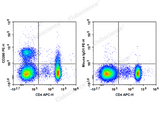 Human peripheral blood lymphocytes are stained with APC Anti-Human CD4 Antibody and PE Anti-Human CD200 Antibody (Left). Lymphocytes are stained with APC Anti-Human CD4 Antibody and PE Mouse IgG1, κ Isotype Control (Right). 