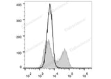 HEK293T cells transiently transfected with pcDNA3.1 plasmid encoding Human IL-21 gene are stained with PE Anti-Human IL-21 Antibody (filled gray histogram) or PE Mouse IgG1, κ lsotype Control (empty black histogram).