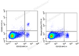 Human peripheral blood mononuclear cells are stained with APC Anti-Human CD123 Antibody and FITC Anti-Human CD303 Antibody (Left). Mononuclear cells are stained with APC Anti-Human CD123 Antibody and FITC Mouse IgG2a, κ Isotype Control (Right). 