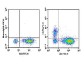 C57/BL6 Mouse splenocytes were stained with 0.2 μg APC conjugated Anti-Mouse CD22 Antibody[Cy34.1] (Right) and 0.2 μg APC conjugated Mouse IgG1, κ Isotype Control (Left), followed by anti-Mouse CD3 FITC-conjugated Monoclonal Antibody.