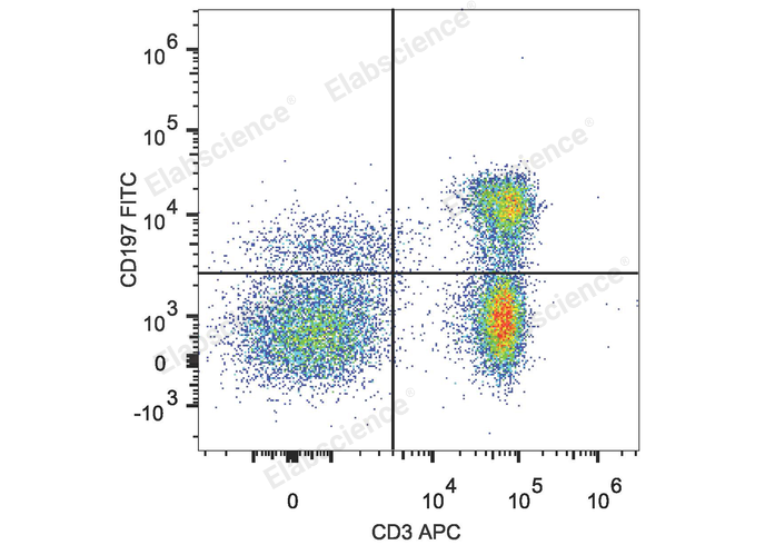 Human peripheral blood lymphocytes are stained with FITC Anti-Human CD197/CCR7 Antibody and APC Anti-Human CD3 Antibody.